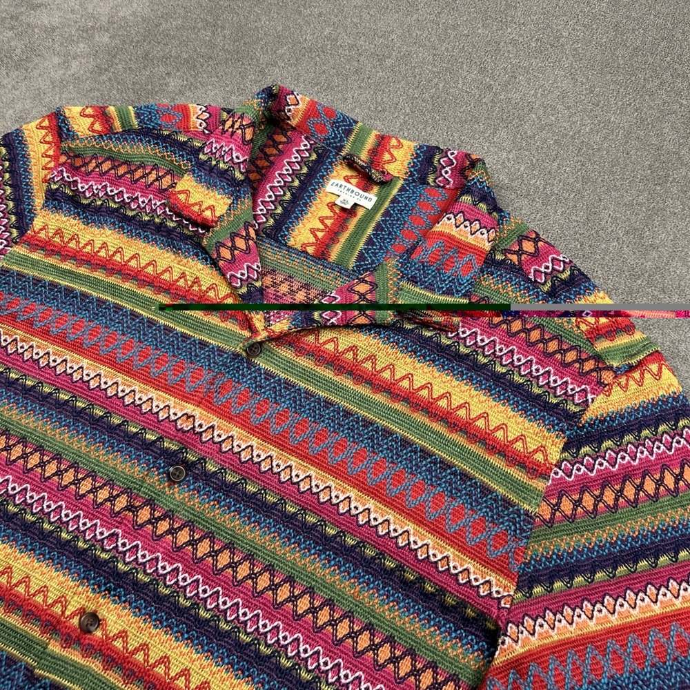 Earthbound Shirt Mens XL Multicolor Camp Button Up Knit Geometric Retro Crochet